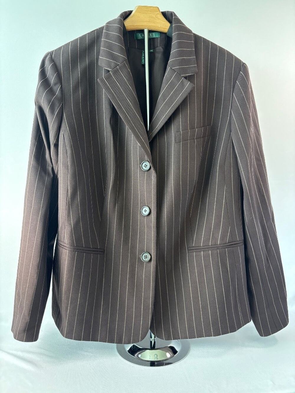 Lauren Ralph Lauren Pinstripe Wool Blazer Brown Size 14W Classic Career